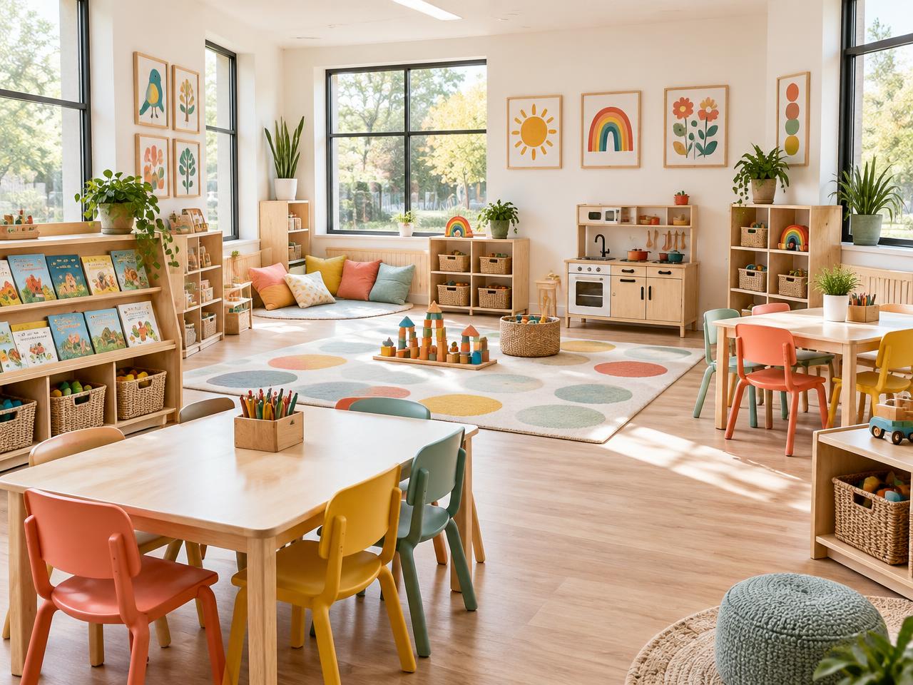 Light, welcoming daycare classroom with child-sized tables and shelves