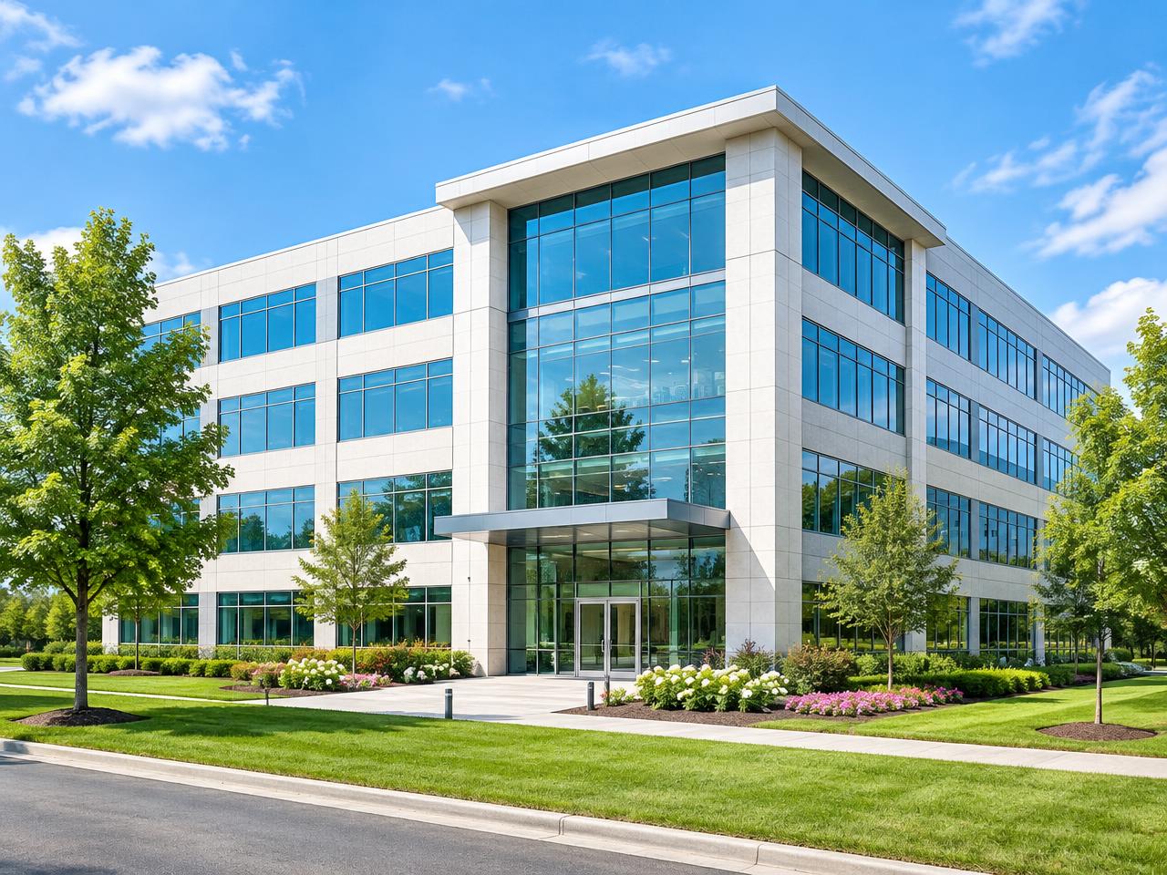 Modern office building lobby with tall windows and morning light