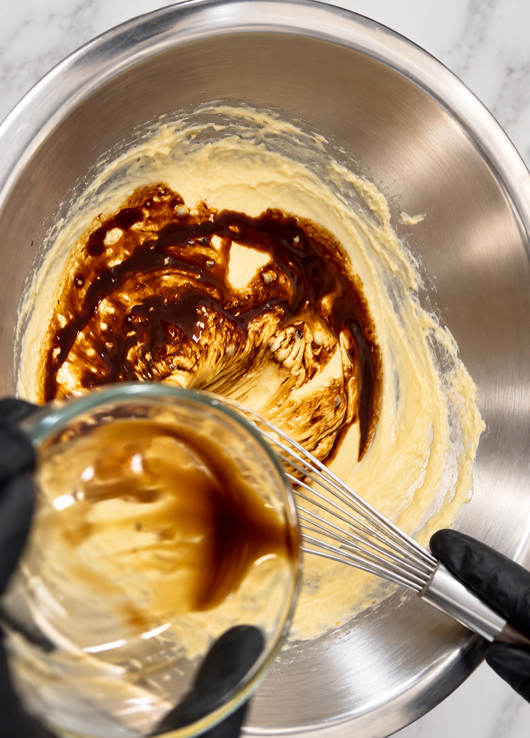 Mixing Crumb Bouchée muffin batter by hand in a stainless steel bowl