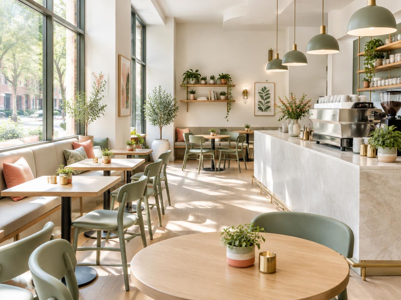 Bright, airy coffee shop interior with a counter and stools
