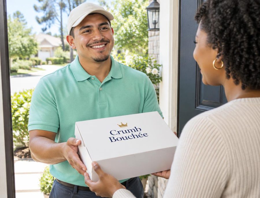 A delivery man holding a Crumb Bouchée box at the door of a home