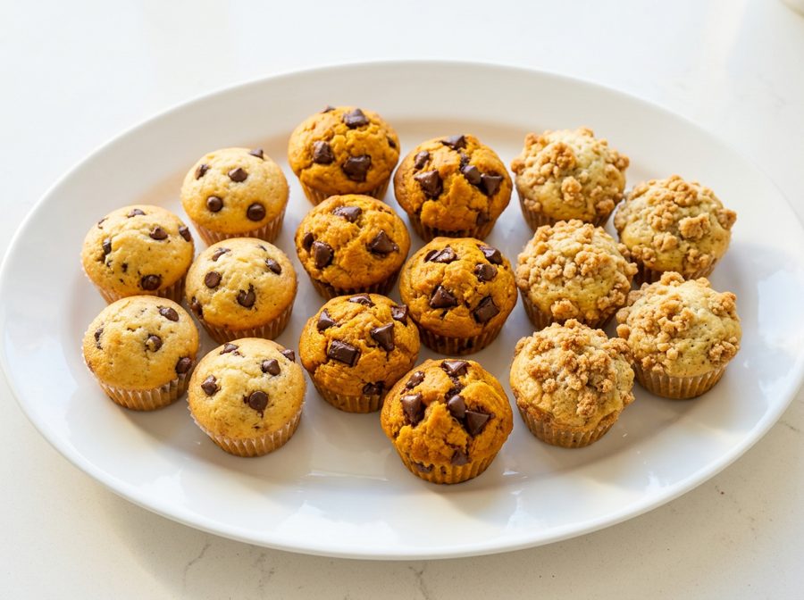 A bright white platter filled with vanilla chocolate chip, pumpkin and banana crumble mini muffins