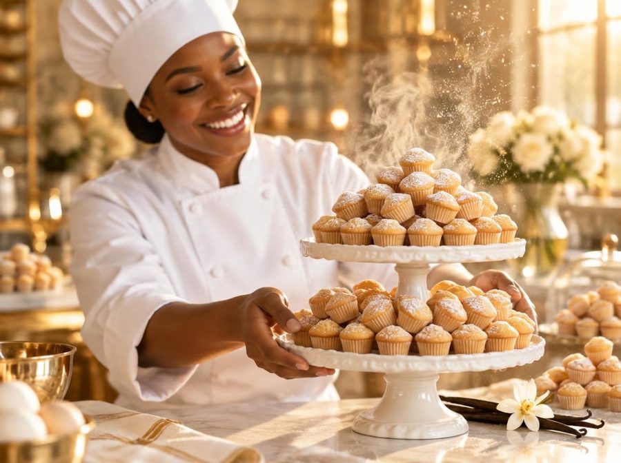 A smiling pastry chef presenting a cake stand of golden vanilla mini muffins