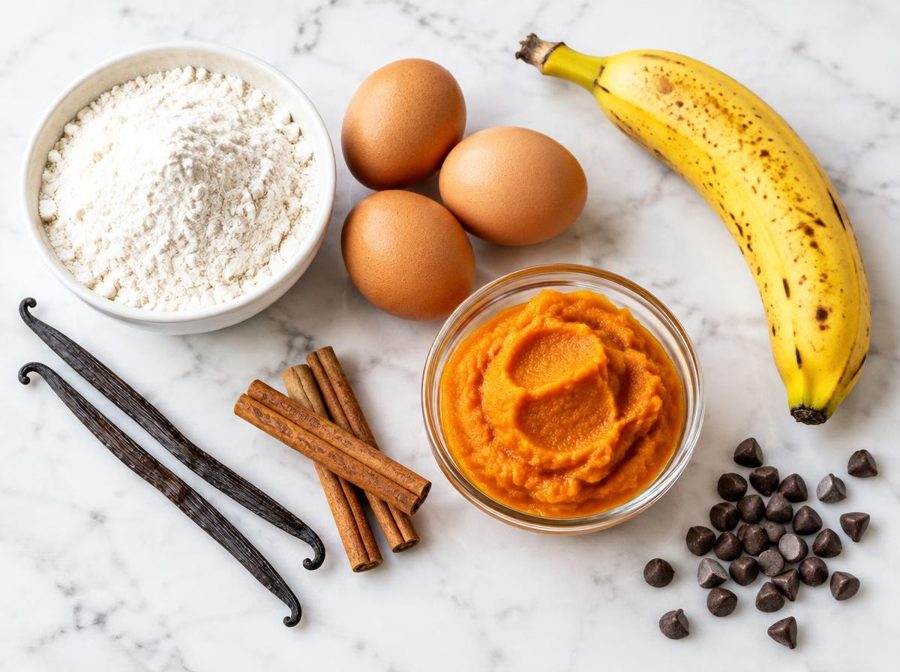 Flour, eggs, banana, pumpkin puree, vanilla pods, cinnamon and chocolate chips