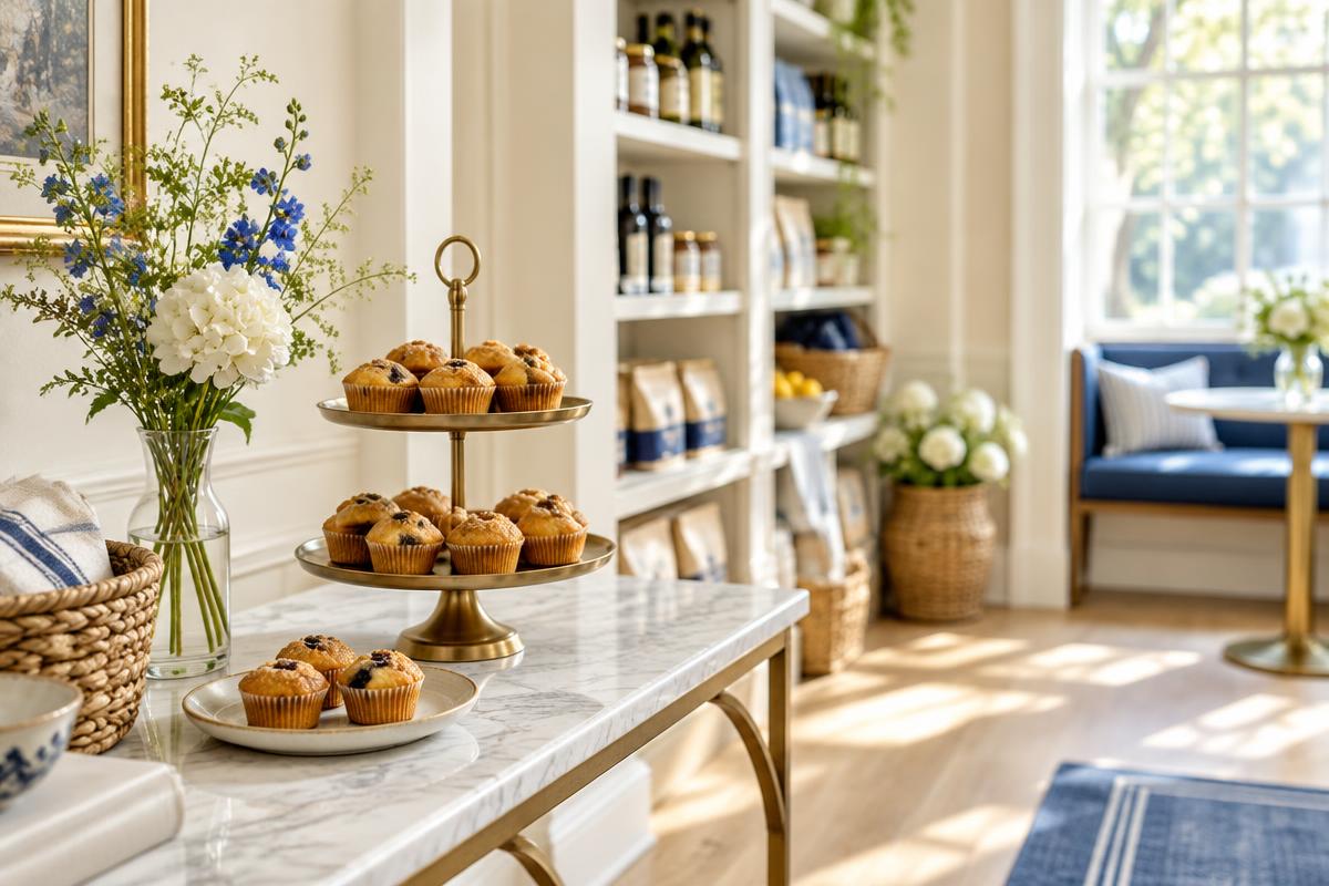 Sunlit boutique hotel breakfast nook with a tiered stand of mini muffins on a marble console
